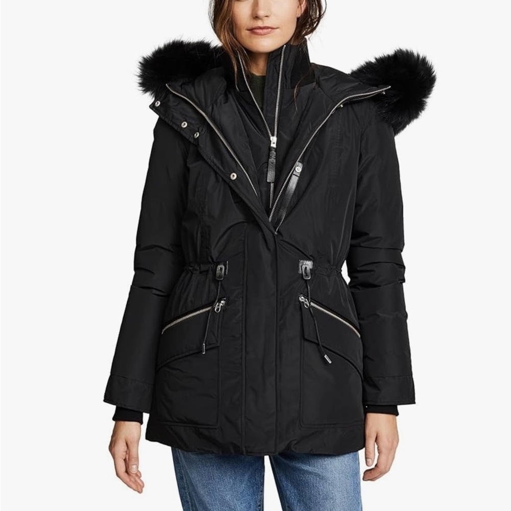 Mackage Black Ski Jacket with Fur Hood and Zipper Closure